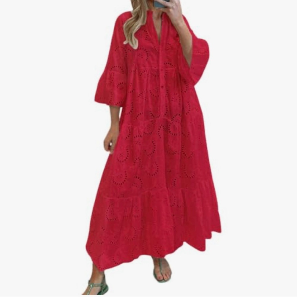 Red Eyelet Maxi Dress - Elegant Women's Summer Dress